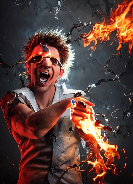 Prompt: An epic fantasy comic book style portrait painting of young man with red spiked long hair, using googles. Wearing a black waistcoat, white shirt. He is throwing a wild fire blast from his hands, with a vicious smile in face. Unreal 5, DAZ, hyperrealistic, octane render, cosplay, RPG portrait, dynamic lighting