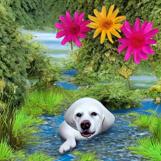 Image similar to dog in a river ultra - realistic with green flower