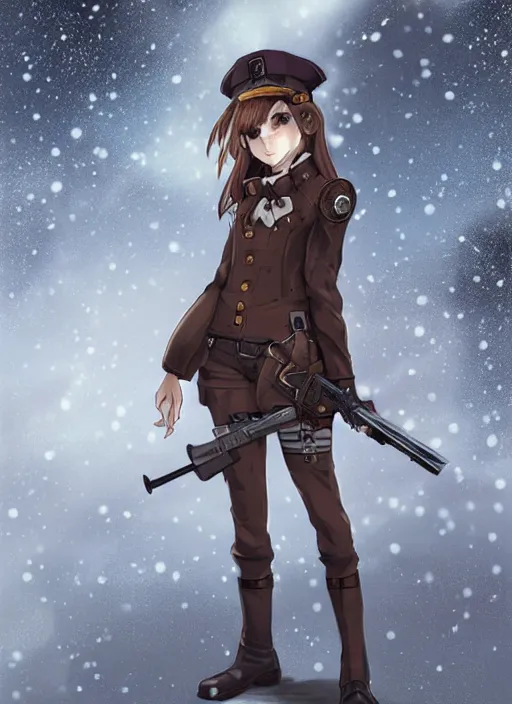 Image similar to girl with steampunk weapons and uniform, serious, intense, finely detailed, made by artgerm, full body portrait, illustration, snow, snowing, cloudy, anime, side view, perfect anime face, realistic face, zoomed out, smooth, brown eyes, high waisted shorts, sharp focus