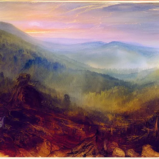 Prompt: a beautiful watercolor painting of an epic appalachian wilderness at dawn by j. m. w. turner, wide angle shot, godrays, mystical, deep shadows, epic scale