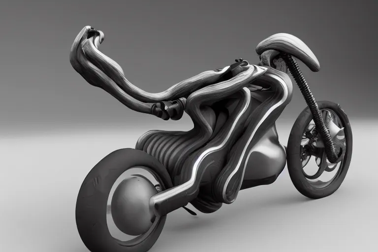 Image similar to cyberpunk alien concept inspired bike, futuristic look, highly detailed body, very powerful, photorealistic camera shot, bright studio setting, studio lighting, crisp quality and light reflections, unreal engine 5 quality render