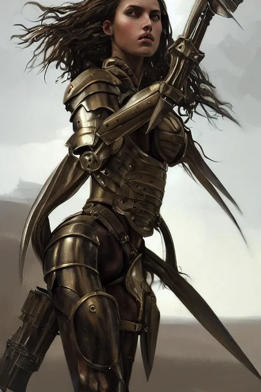 Image similar to a photorealistic painting of an attractive young girl, partially clothed in thick metal-plated battle armor, dirty olive skin, long dark hair, beautiful bone structure, symmetric facial features, perfect eyes, intricate, elegant, digital painting, concept art, finely detailed, illustration, sharp focus, minimal artifacts, from Metal Gear, by Greg Rutkowski, in the style of Ruan Jia and Mandy Jurgens and Artgerm and William-Adolphe Bouguerea, trending on Artstation, award winning