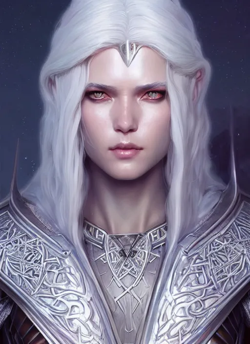 Image similar to light iridescent armor!!! long wild white hair!! covered chest!!! fantasy, d & d, intricate ornate details, digital painting, pretty face!!, symmetry, concept art, sharp focus, illustration, art by artgerm! greg rutkowski magali villeneuve wlop! ilya kuvshinov!!, octane render