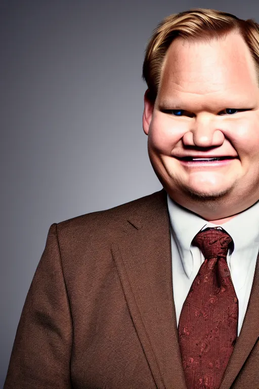 Prompt: andy richter wearing a brown suit and necktie, ultra hd photo, 3 5 mm close up, fish eye, realistic, smiling, holding a postcard from chicago,