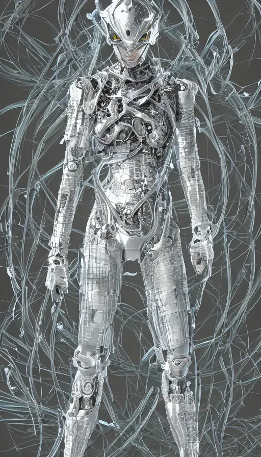 Image similar to full body head to toe portrait of a nanopunk sci-fi cyborg ninja, third person, D&D, sci-fi fantasy, intricate, white with shiny silver and chartreuse fringe highlights, highly detailed, art by Range Murata, highly detailed, 3d, octane render, bright colors, digital painting, trending on artstation, sharp focus, illustration style of Stanley Artgerm, dramatic background