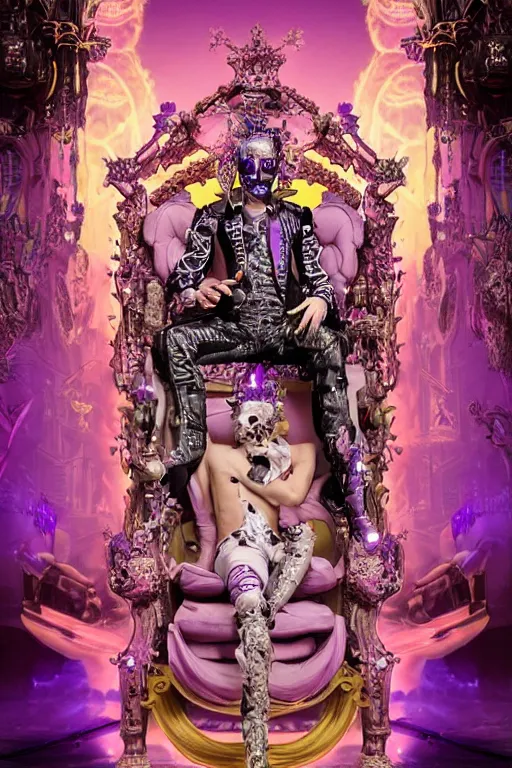 Prompt: full-body rococo and cyberpunk style violet neon statue of a young attractive Spanish male macho dotado android reclining sim roupa con piroca, glowing white face, prince crown of orange steampunk gears, diamonds, swirling silver-colored silk fabric. futuristic elements. full-length view. space robots. human skulls. throne made of bones, intricate artwork by caravaggio. Trending on artstation, octane render, cinematic lighting from the right, hyper realism, octane render, 8k, depth of field, 3D