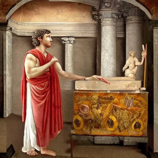 Prompt: photo of an ancient roman fresco on a wall in an ancient roman villa : mark zuckerberg as a roman noble senator next to a grill with meats. dressed in a white toga. serious facial expression. detailed, intricate artwork. faded shadows