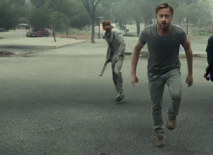 Image similar to full scene, ryan gosling in a fight with ant aliens, still from horror movie, movie shot, extremly high quality, uhd, 4 k, cinematic lighting