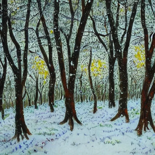 Prompt: lenhadores em uma floresta de arvores secas com pouca neve, pintura de brugel