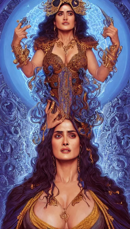 Prompt: Salma Hayek as a sorceress , passionate , seductive, sweaty, intricate dressed in ornate blue robes and staff, insane, intricate, highly detailed, digital painting, artstation, concept art, smooth, sharp focus, illustration, Unreal Engine 5, 8K, art by artgerm and greg rutkowski and alphonse mucha