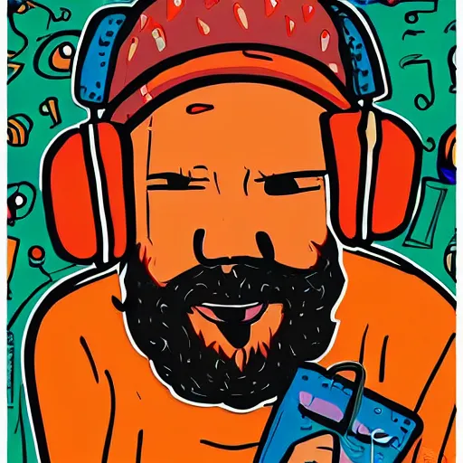 Image similar to middle aged streamer on twitch with black hat, stubble, ginger hair, orange hair, black cap, stubbles, red headphones, in the style of jeremiah ketner, art, abstract