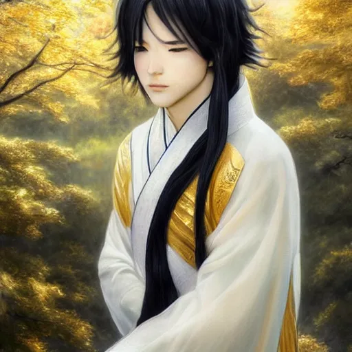 Prompt: a portrait of a young beautiful prince, golden eyes, long black hair, white hanfu, elegant, intricate, backlit, incredible lighting, strong rim light, subsurface scattering, photorealistic anime, epic beautiful landscape, cherry trees, highly detailed, digital painting, by Heise Jinyao, Heise-Lian Yan Fang, Feimo, Rossdraws, Sakimichan HDRI, vivid colors, high contrast, 8k