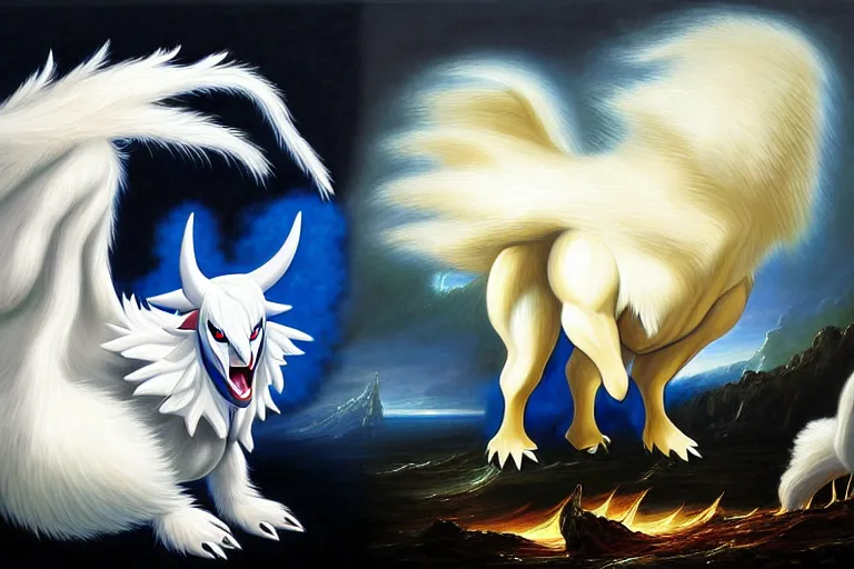 Prompt: a dramatic and detailed oil painting of absol from pokemon and a natural disaster by thomas cole and ken sugimori | absol has white fur, spurs, a sheep's face, each of it's four limbs ends in large paws with three clawed talons, the floof of a white silkie chicken shaped like a sleek edgy wolf