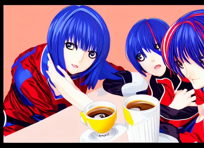 Image similar to anime KOF Kula Diamond drinking coffee, Karolis Strautniekas,omoide emanon, tsuruta kenji, murata range,kawaii, kyoto animation, manga, intricate, detailed, studio lighting, blue red black, gradation,editorial illustration, matte print, Ilya Kuvshinov