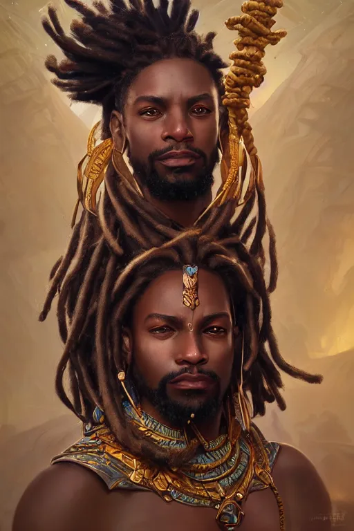 Image similar to photography of african king with dreadlocks, deep focus, d & d, fantasy, intricate, elegant, highly detailed, digital painting, artstation, concept art, matte, sharp focus, illustration, hearthstone, art by artgerm and greg rutkowski and alphonse mucha