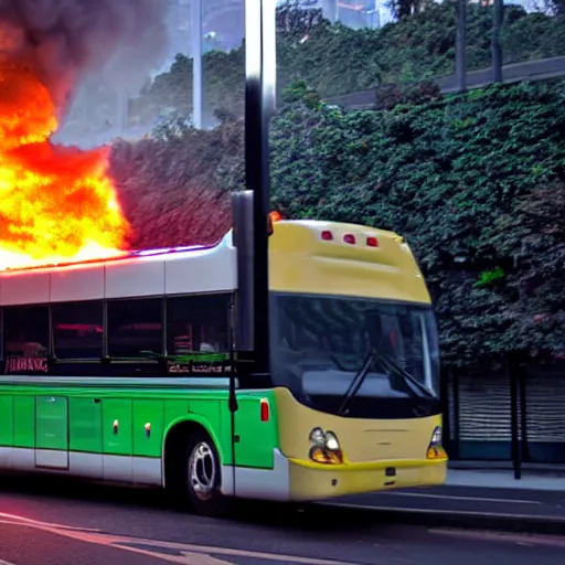 Image similar to autobus on fire with lcd screen saying 5 1 2 photorealistic. rule of thirds.