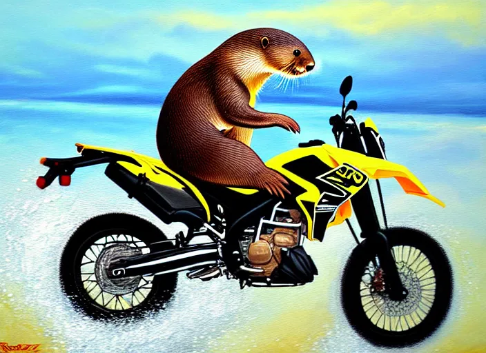 Image similar to Otter riding a DRZ 400s, realism painting, 8k, detailed,