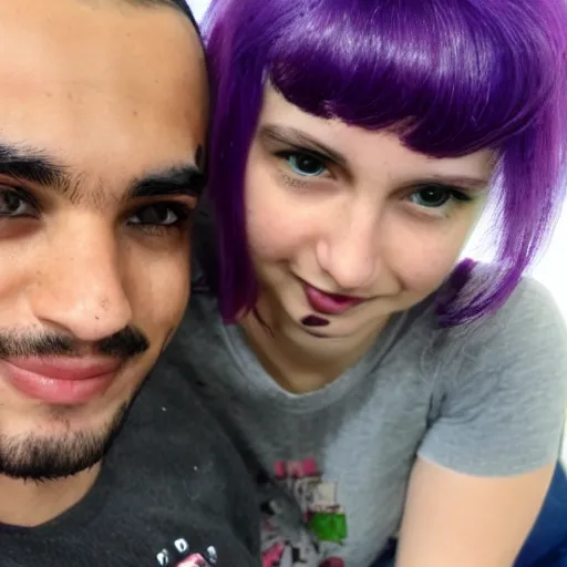 Image similar to my friend milan with a girl who has purple hair and plays video games, high details, fine face