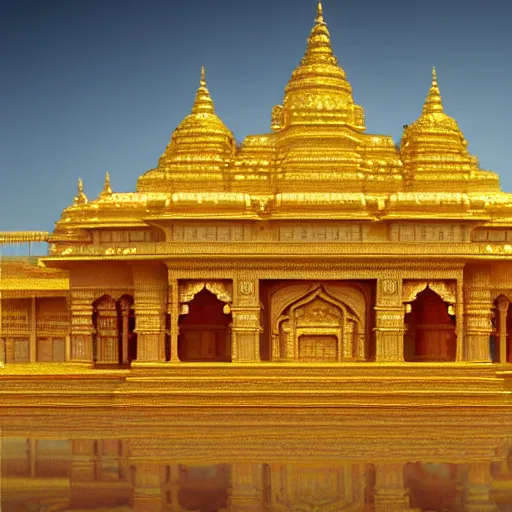 Prompt: a big indian temple made of glowing gold, cosmic vibrant, photorealistic, matte painting, 8 k,