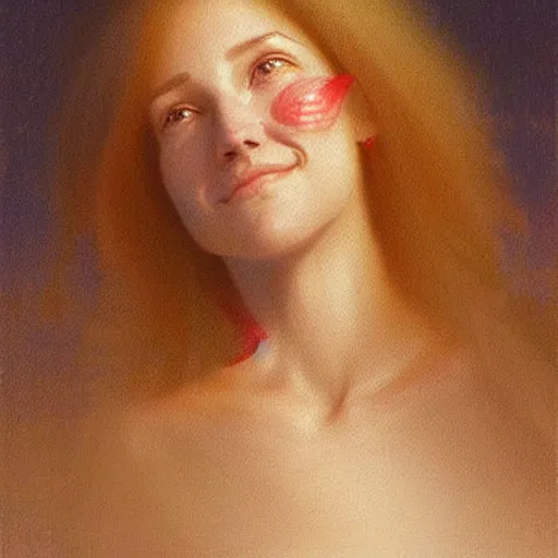 Prompt: Facial portrait of a cute shy woman, looking away from the camera, shy smile, mouth slightly open, lips slightly parted, long flowing hair, no hands visible, intricate, extremely detailed painting by Henry Justice Ford and by Greg Rutkowski and by Moebius, golden hour