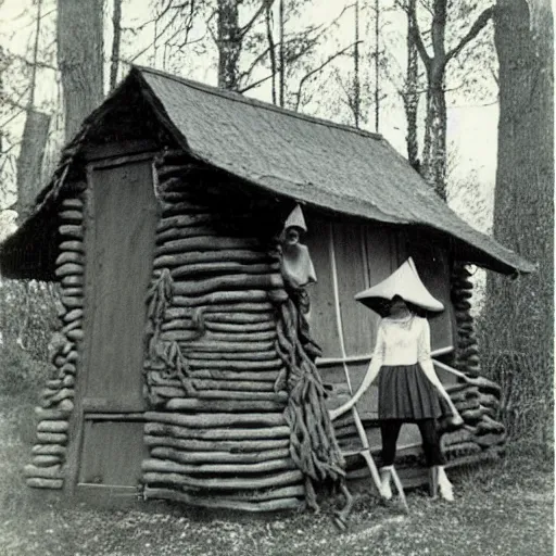 Prompt: A vintage photo of a witches hut with a witch standing on the Porch, 70s, vintage, old