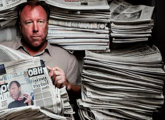 Image similar to dslr photo still of!!! alex jones!!! sitting depressed in a room filled to the ceiling with newspapers, 5 2 mm f 5. 6