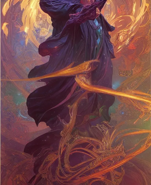 Prompt: a trading card of a wizard surrounded by a whirlwind of magical particles ushing inside the metaverse, half body, fantasy, intricate, elegant, highly detailed, colorful, vivid color, digital painting, artstation, concept art, art by artgerm and greg rutkowski and alphonse mucha and ruan jia