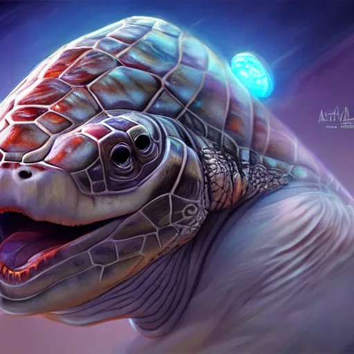 Image similar to aged turtle, sci - fi, charming, pixar splash art, art by artgerm, intricately detailed, highly detailed, trending on artstation, 4 k, wallpaper - 1 0 2 4