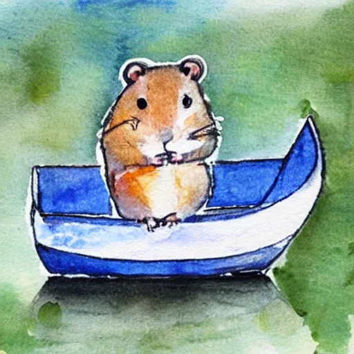 Image similar to A hamster made out of iron in a boat on a river, watercolors by 5 year old