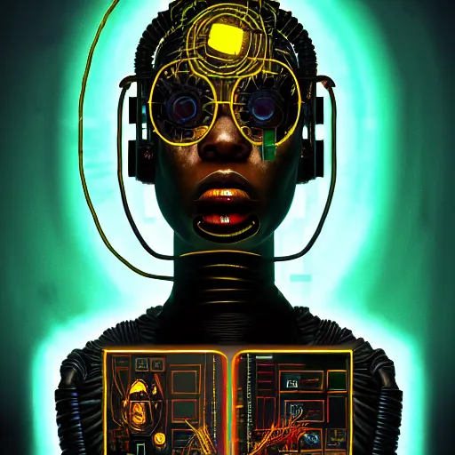 Image similar to dark scifi illustration 3 / 4 portrait of a cyborg reading necronomicon. cinematic lighting mad scientist style. golden ratio accidental renaissance. in the style of jean michel basquiat. graffiti art, scifi, fantasy, hyper detailed. octane render. concept art. trending on artstation