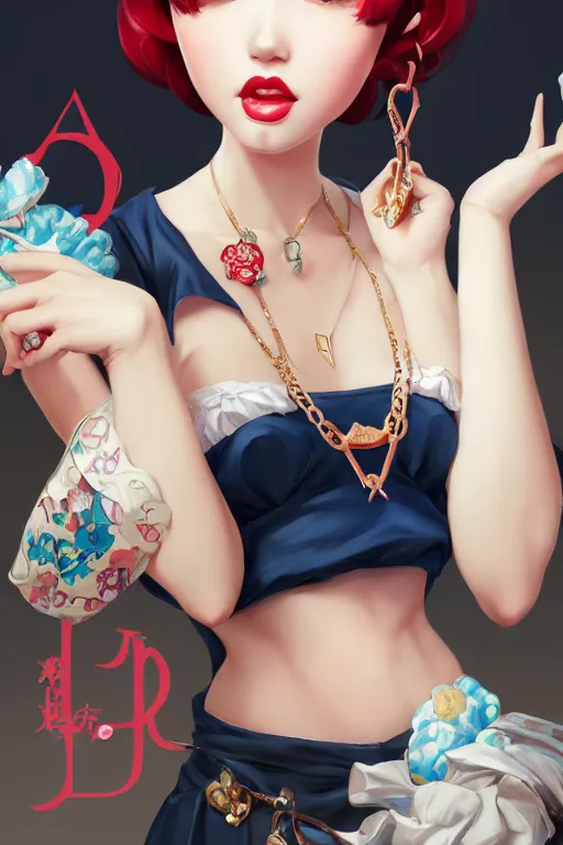 Image similar to a pin up and beautiful fashion charming dreamlke japan girl with lv jewelry, character art, art by artgerm lau and wlop and and ilya kuvshinov and john singer sargent, hyperdetailed, 8 k realistic, symmetrical, frostbite 3 engine, cryengine, dof, trending on artstation, digital art