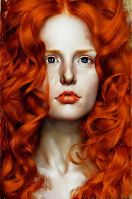 Image similar to hyper realistic painting portrait of a redhead girl with flowing curls and closed eyes, orange subject and turquoise background, hyper detailed face by stjepan sejic, by norman rockwell, by michael hussar, by roberto ferri, by ruan jia, textured turquoise background