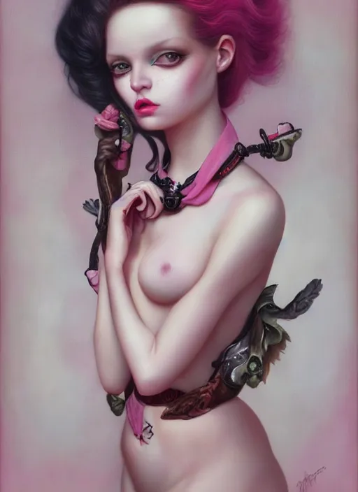 Image similar to pop surrealism, lowbrow art, realistic seductive cute woman painting, pink body harness, hyper realism, muted colours, rococo, natalie shau, loreta lux, tom bagshaw, mark ryden, trevor brown style,