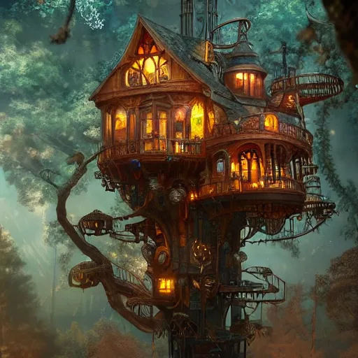 Prompt: steampunk treehouse, fine art, digital painting, cinematic lighting, hyperdetailed, photorealistic, 8k, high resolution, vibrant colors, insanely detailed and intricate, award winning, featured in artstation, octane render