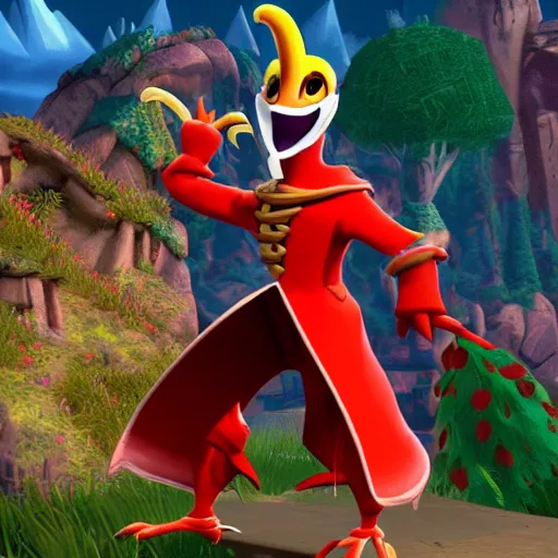 Image similar to screenshot of a humanoid gryphon bard with a red coat as an enemy in spyro the dragon video game concept art, playstation 1 era, activision blizzard, 4 k resolution concept art