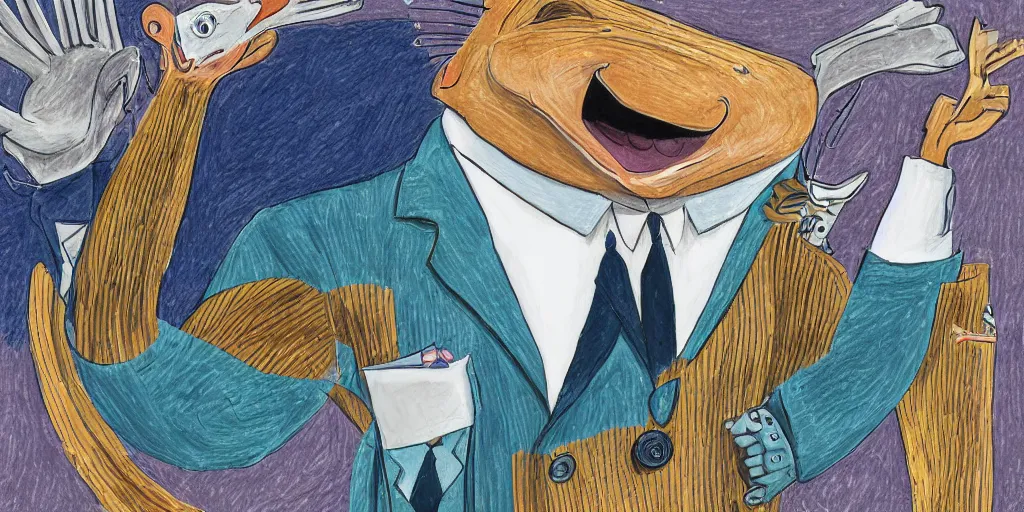 Image similar to an anthropomorphic catfish wearing a suit giving a thumbs up, by lisa hanawalt, by wanda gag
