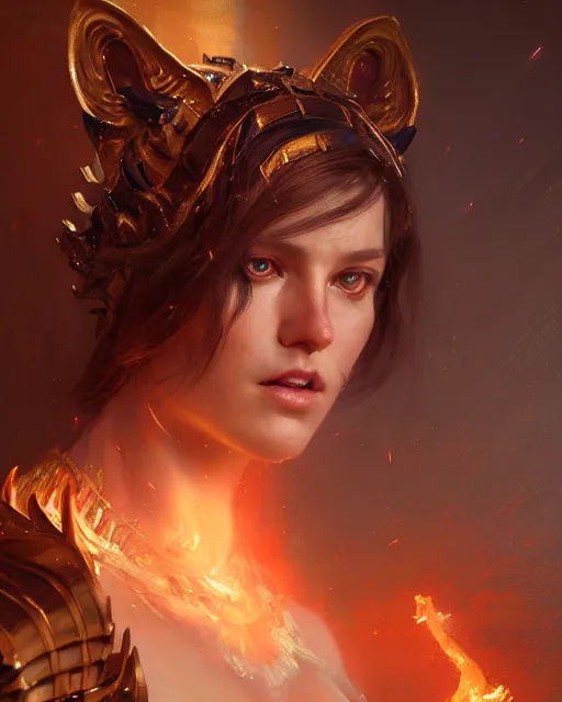 Image similar to daniel gerhartz and wlop and tom baghshaw, detailed portrait, digital painting of a beautiful half - tiger half - woman, evil mood, throne room in the background, embers flying, unreal engine, hyper realism, realistic shading, cinematic composition, blender render, octane render, ultrawide shot