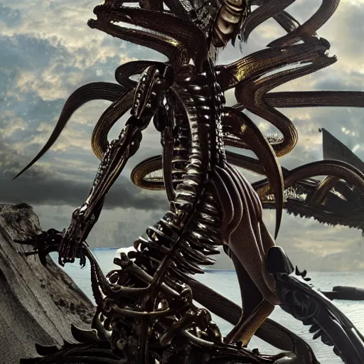 Image similar to still frame from Prometheus movie by Makoto Aida, biomechanical angel gynoid by giger, mimicking devil's dragon flower mantis, metal couture by neri oxmn and Guo pei, editorial by Malczewski and by Caravaggio