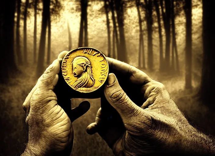 Image similar to old retro burnt out sepia photograph with scratches of an old and wrinkled hand holding a few golden coins with royal engravings. magical forest in the background with bokeh. Antique. High quality 8k. Intricate. Sony a7r iv 35mm. Award winning. Zdzislaw beksinski style