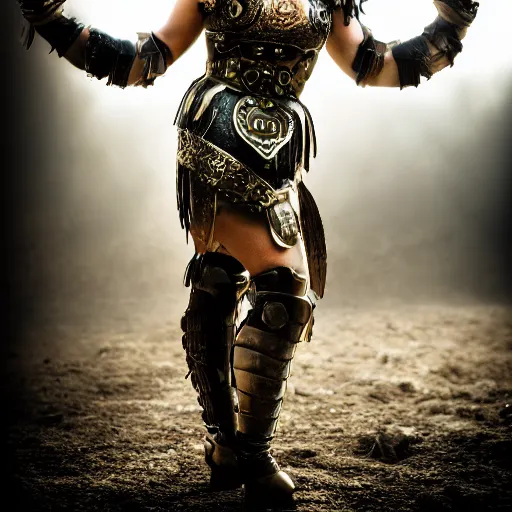 Image similar to steam punk gladiator wearing armor in the arena, shallow depth of field, moody lighting, 8 k,