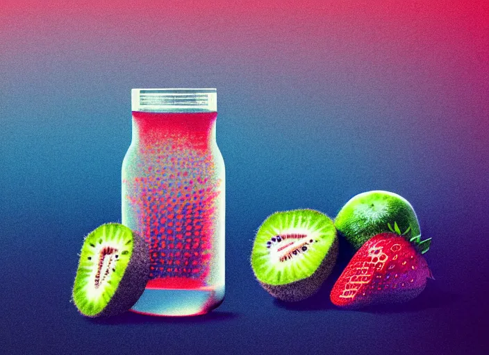 Image similar to ( ( dithered ) ), strawberries blueberries sliced kiwi sliced lemon inside a clear drinking bottle, isometric, modern art deco, mads berg, karolis strautniekas, christopher balaskas, stippled light, fog, moody, fine texture, editorial illustration, dramatic lighting, dynamic composition, detailed, matte print, muted color