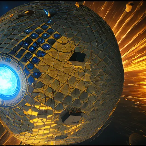 Prompt: dyson sphere in space, holes intricate abstract, unreal engine tech demo, golden hour