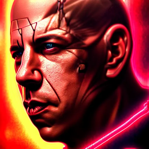 Image similar to portrait of vin diesel, cyborg, terminator 2 : judgment day, fantasy, rule of thirds, intricate, neon highlights, octane render, detailed, beautiful, unreal engine, symmetrical, artstation, art by karol bak, art by artgerm, rossdraws, cinematic, concept art, filmic, vsco