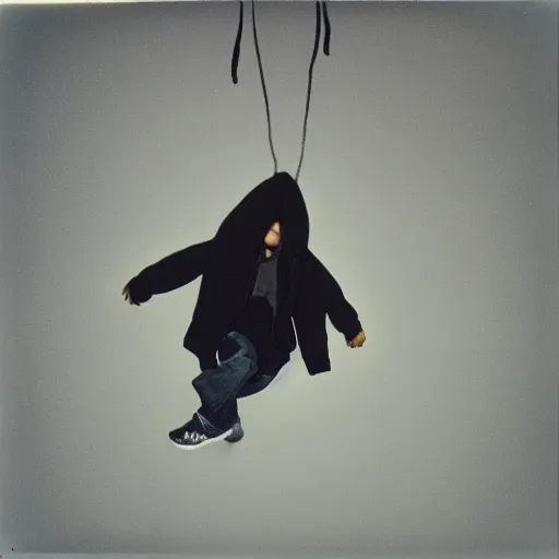 Prompt: shot of an empty hoodie hanging in the air in 80s, Polaroid photo, by Warhol