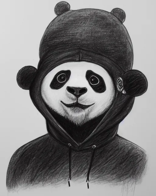 Image similar to a pencil drawing of an anthropomorphic panda wearing a hoodie on his head. head shot, by Pen Tacular