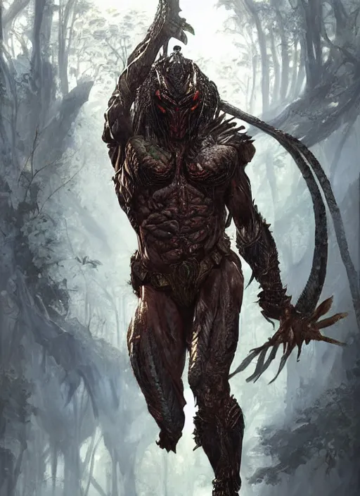Image similar to The Predator, warrior scene, fantasy, intricate, elegant, highly detailed, digital painting, artstation, concept art, smooth, sharp focus, illustration, fine art by artgerm, greg rutkowski, alphonse mucha