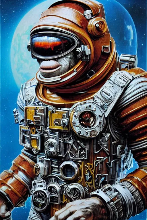 Image similar to a portrait of a muscular anthropomorphic cyberpunk orangutang in spacesuit armor with ensignia on chest plate by sandra chevrier, by jon foster, detailed render, pistol in holster, extremely hyperdetailed, tape deck, epic composition, cybernetics, 4 k realistic, cryengine, realistic shaded lighting, sharp focus, masterpiece, by enki bilal