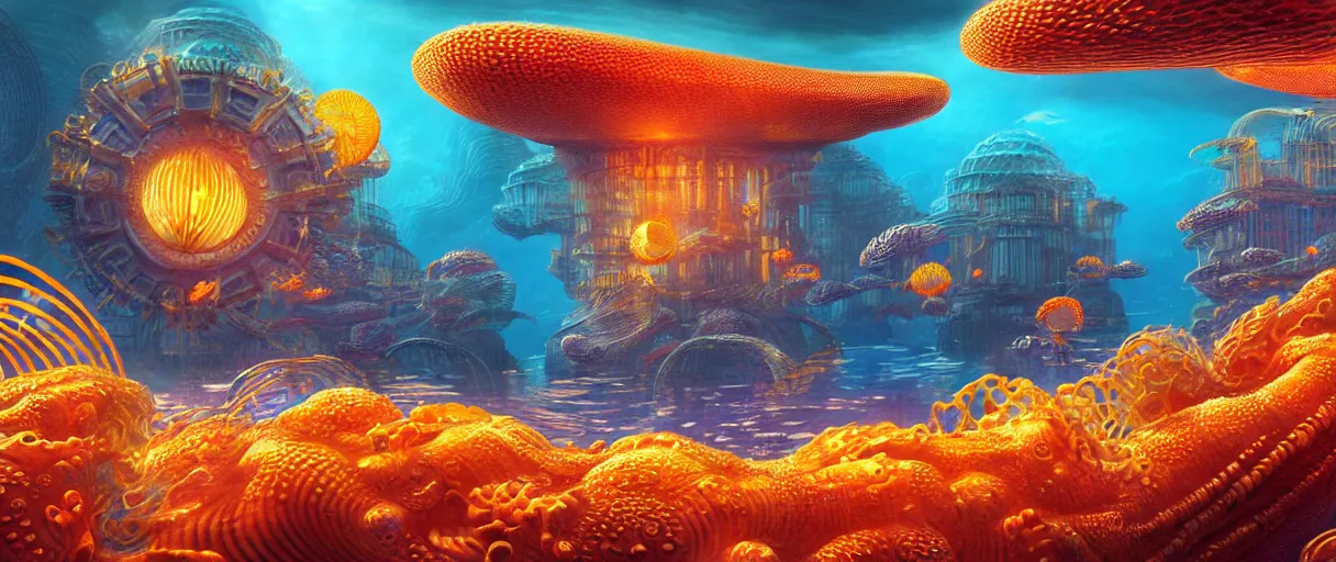 Prompt: hyperrealistic ornate underwater bio-morphic city of atlantis guarded by giant orange and yellow cyborg jellyfish matte painting concept art alex grey hajime sorayama cinematic soft red lighting low angle hd 8k sharp shallow depth of field