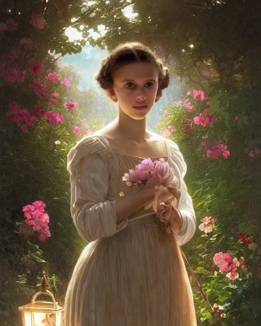 Image similar to a well - lit portrait painting of a shy, blushing 1 6 - year old alicia vikander or millie bobby brown as a ballerina in her flower garden with lanterns at night, intricate, elegant, highly detailed, artstation, concept art, by krenz cushart and donato giancola and william adolph bouguereau and alphonse mucha