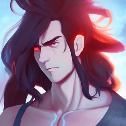 Image similar to buffed guy with long white hair and horn, red eye makeup, style of makoto shinkai and artgerm and loish, dynamic lighting trending on artstation